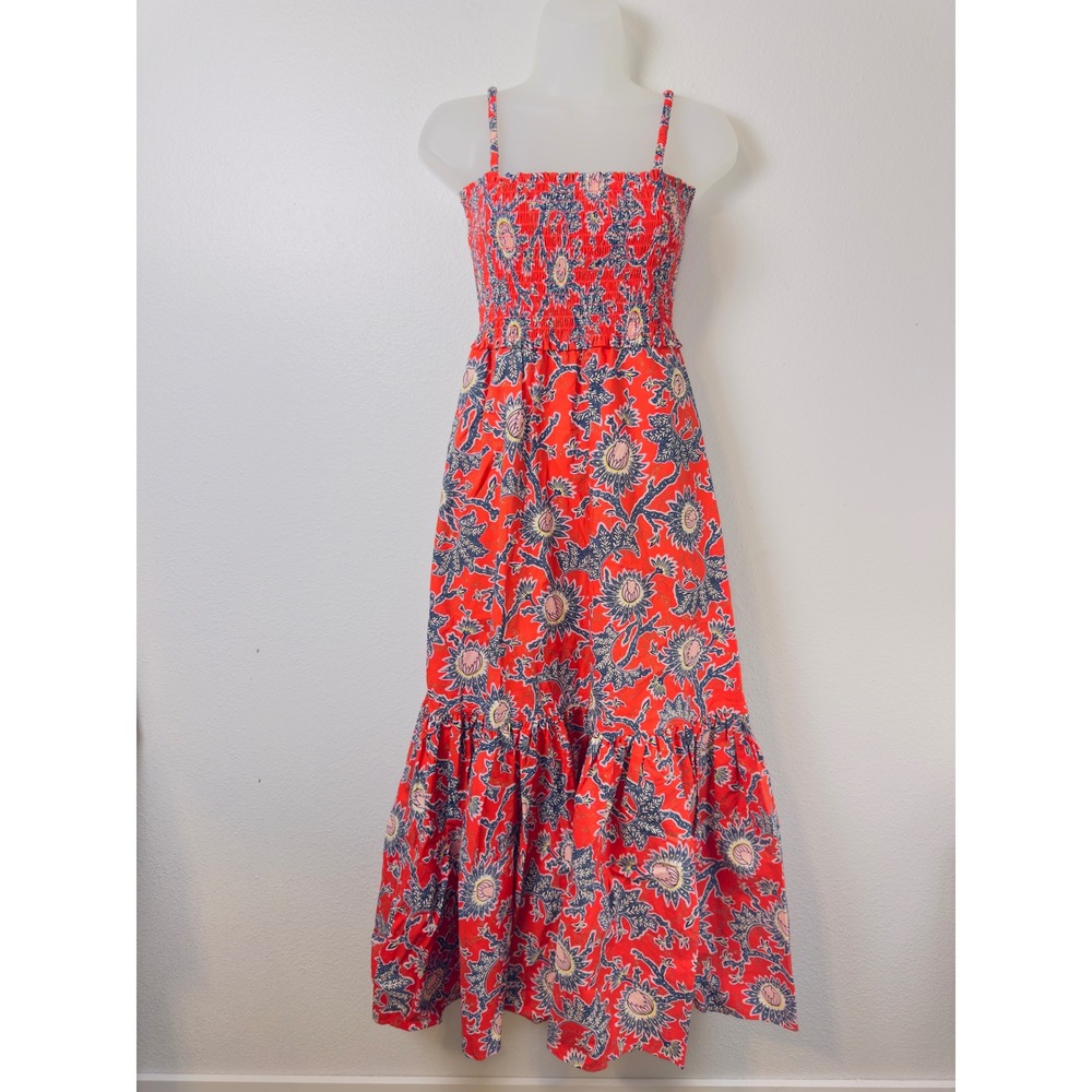 A.L.C. Austyn Red Floral Smocked Cotton Midi Dress Size 8 Boho Tiered Summer